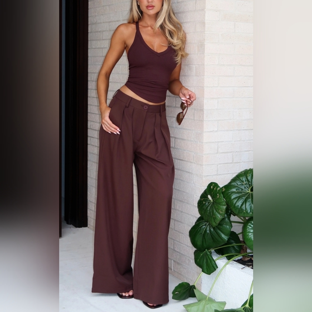 White Fox Boutique Chocolate Brown Wide-Leg High-Rise Pants